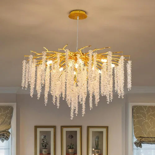 Vista 16 de Candelabro de Cristal Rama de Árbol Dorado Gota de Lluvia Redonda Lámpara Colgante con Borla Luminaria de Techo Colgante para Dormitorio Sala