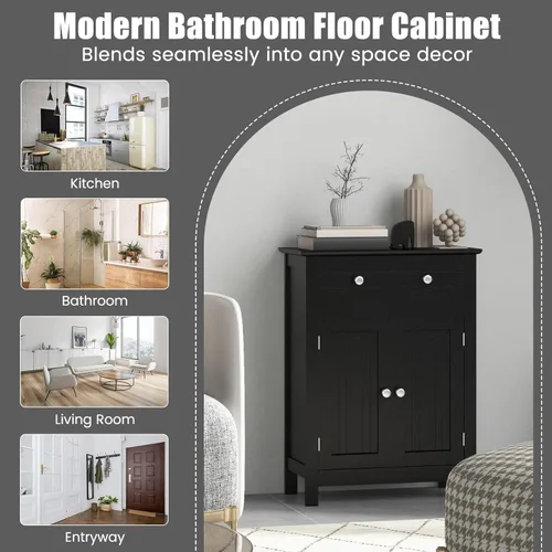 Vista 8 de GOFLAME Gabinete de almacenamiento de madera para baño, moderno armario organizador de baño con estante ajustable de 3 alturas, cajón y estante de 2