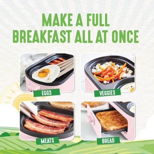 Vista 4 de Estación de preparación de desayuno 3 en 1 GreenLife, planchas duales antiadherentes de cerámica saludables para huevos, carne, salchichas, tocino