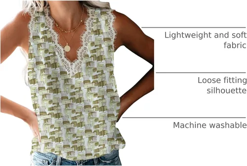 Vista 255 de VIISHOW - Camiseta sin mangas, sexy, con cuello en V y bordes de encaje para mujer, camisola de vestir, camisas de gasa, sin mangas, casuales
