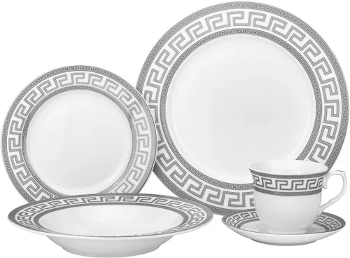 Vista 8 de Juego de vajilla para 4 personas – Juego de vajilla de porcelana fina plateada sobre blanco de 20 piezas para todos los días y ocasiones formales