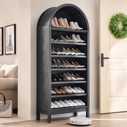 Vista 19 de IFGET Armario de almacenamiento de zapatos arqueado de 67 pulgadas de alto, 8 niveles y 8 pares de zapateros de madera con 3 estantes ajustables