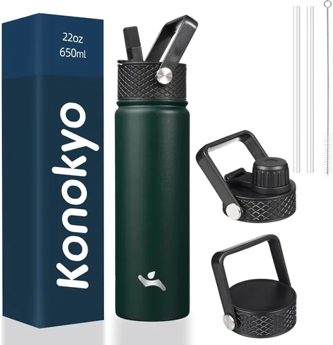 Vista 139 de Konokyo - Botella de agua aislada de 18 onzas, botellas deportivas de acero inoxidable con 3 tapas, verde militar