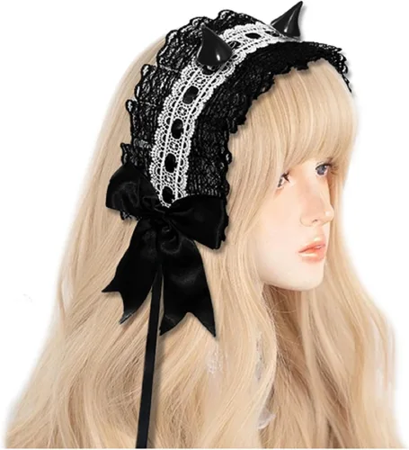 Vista 5 de IZONHERE Diademas de encaje con cuernos de diablo, alas góticas para mujer, lindo tocado de cosplay