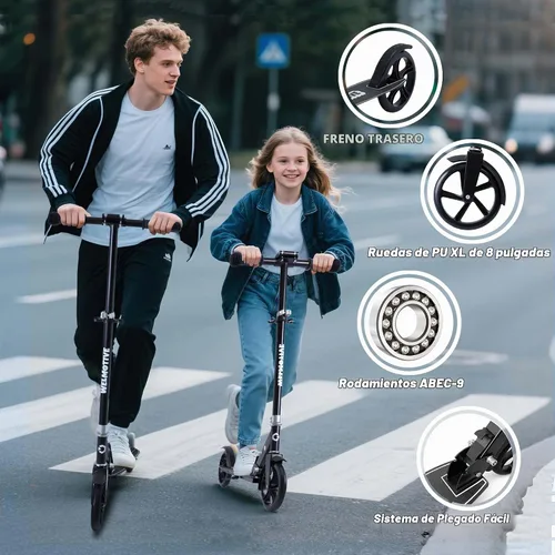 Vista 4 de Patinete para niños a partir de 6 años, adolescentes y adultos, manubrio ajustable, freno trasero, rueda grande plegable para interiores y exteriores