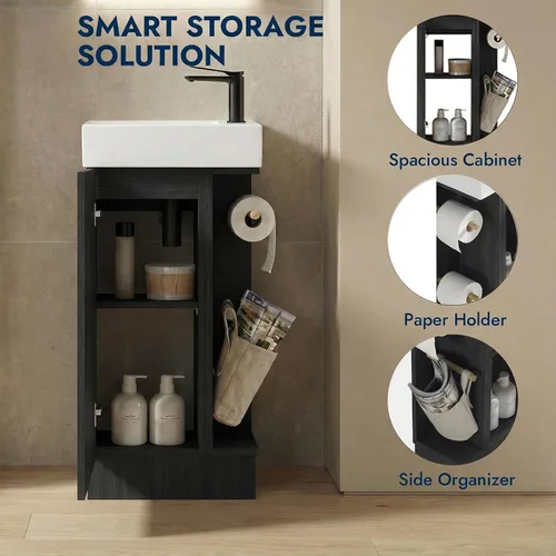 Vista 5 de Tocador de baño pequeño de 16 pulgadas con fregadero, color negro: espacio pequeño, 2 soportes para papel higiénico y bolsillo de almacenamiento