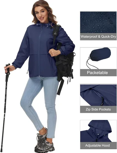 Vista 3 de Avoogue Chaqueta impermeable para mujer, ligera, plegable, con capucha, rompevientos para exteriores