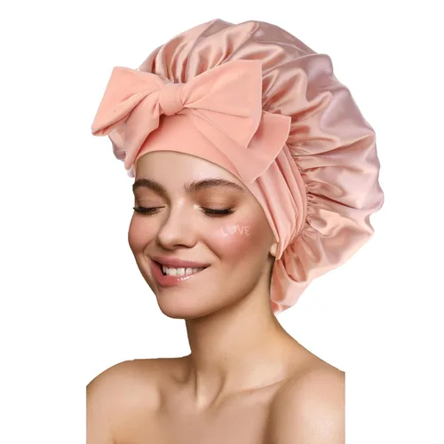 Vista 7 de Gorro de satén de seda para dormir con banda de amarre y tiras ajustables, para mujeres con cabello rizado y trenzado, color negro, tamaño grande