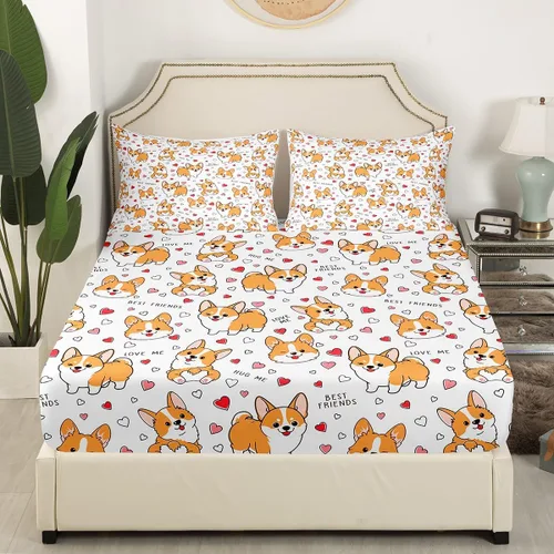 Vista 4 de Feelyou Juego de sábanas Kawaii Corgi para niños pequeños, juego de ropa de cama para niños y niñas, diseño de caricaturas, cachorro, perro, sábana