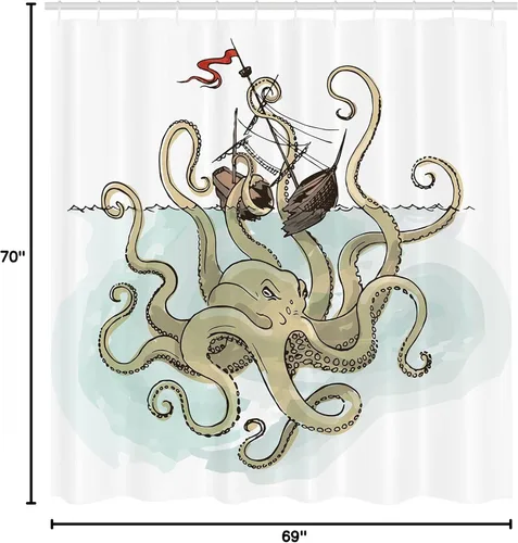 Vista 5 de Ambesonne Kraken - Cortina de ducha, pulpo hundiendo los barcos pirata, mito griego, cultura de peces, imagen artística de dibujos animados, juego
