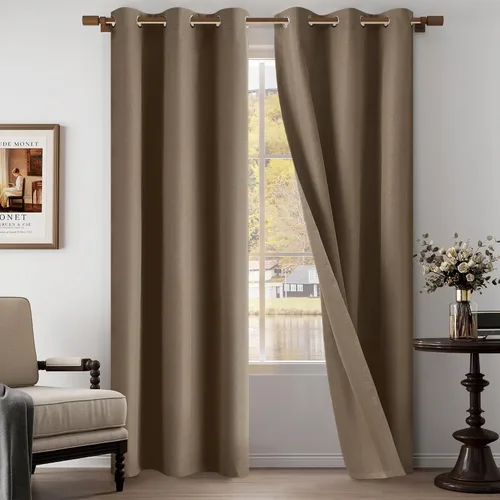 Vista 28 de Cortinas texturizadas de lino 100% opacas de 64 pulgadas de largo, juego de 2 paneles para granja, casa de campo, cortinas ligeras con ojales