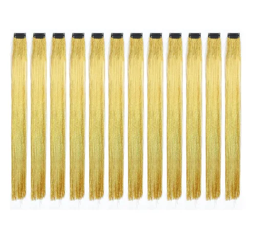 Vista 9 de SWACC 12 extensiones de cabello lacio de un color con clip, para mujer, extensiones de cabello sintético con rayas de color (rubio beige)
