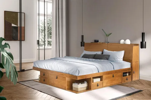 Vista 25 de Memomad Bali Set: Plataforma de almacenamiento con cajones + Cabecera con estantería (Tamaño individual, madera color marrón caramelo)
