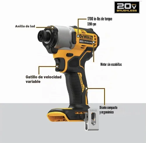 Vista 6 de DEWALT Destornillador de impacto inalámbrico sin escobillas de 20 V MAX* 1/4 pulgadas (solo herramienta) (DCF840B)