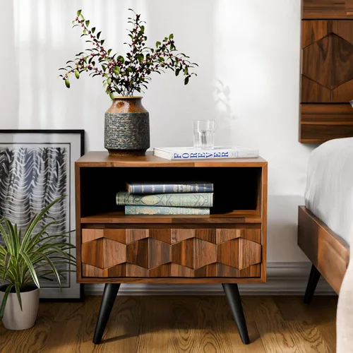 Vista 12 de Bme Caden Mesita de noche/Mesa auxiliar/Mesa de centro de madera maciza, completamente ensamblada, con 1 cajón para dormitorio y sala de estar