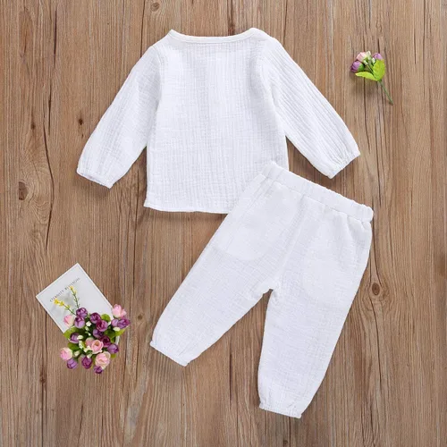 Vista 3 de Conjunto de ropa de algodón y lino de manga larga con botones y pantalones con cordón para bebé