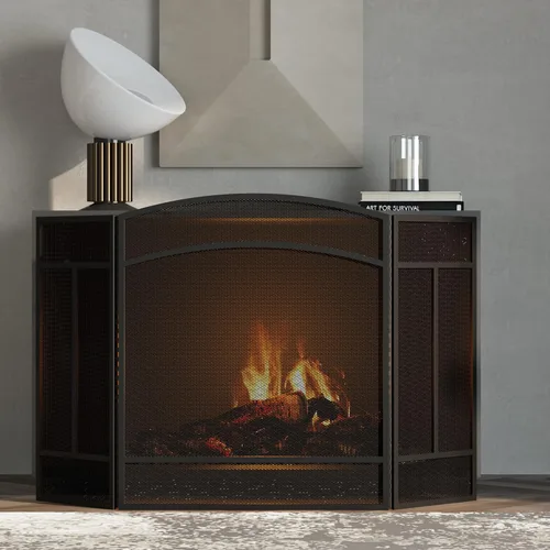 Vista 2 de Fire Beauty 3 Panel de hierro forjado Chimenea Pantalla Cubierta protectora de chispas (negro)