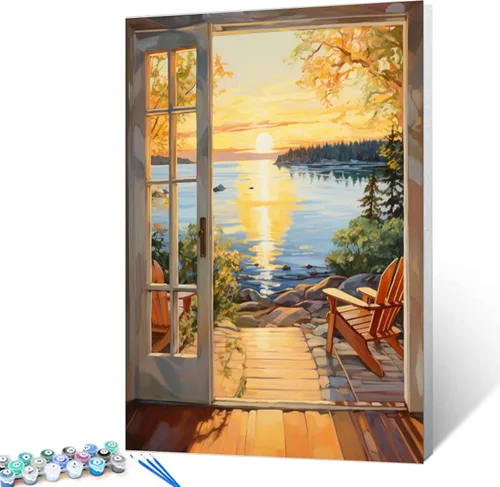 Vista 2 de Tucocoo Bumbers - Pintura de paisaje de puerta para adultos, paisaje de lago, pintura por números, pintura acrílica, lienzo junto al lago, plantas