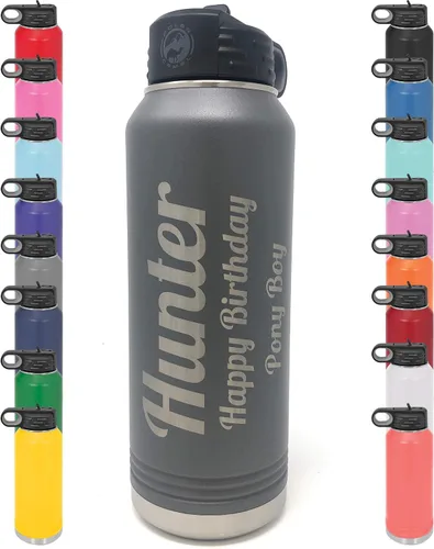 Vista 10 de Botella de agua personalizada con recubrimiento en polvo de 32 onzas, de acero inoxidable con doble pared aislada al vacío, grabado personalizado