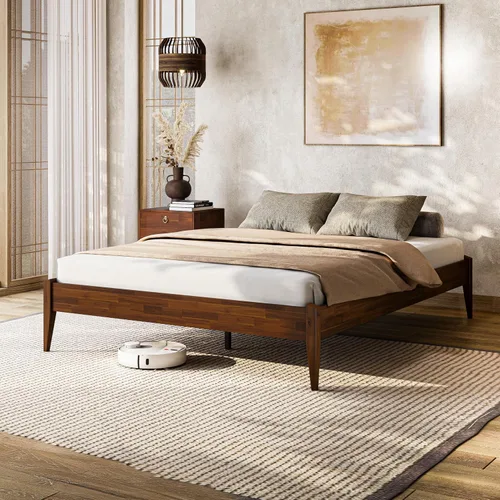 Vista 14 de Bme Dinkee - Marco de cama de plataforma Queen de madera de 15 pulgadas, marco de cama de madera maciza, estilo moderno y minimalista, soporte de 12