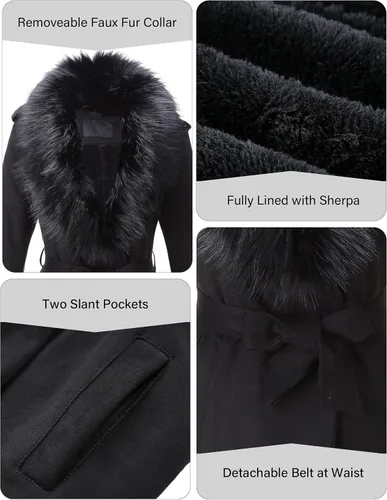 Vista 4 de Bellivera - Chaqueta larga de piel sintética para mujer otoño e invierno gabardina de moda con cuello de piel desmontable