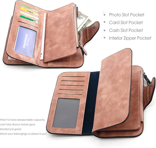 Vista 7 de Cartera de cuero para mujer, monedero de embrague para tarjetas de crédito, soporte para monedas, plegable, Cera de Aceite Marrón, Classic