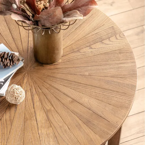 Vista 4 de Mesa de café redonda, mesa de café circular de madera de 35" con estante de almacenamiento, mesa central de 2 niveles para sala de estar