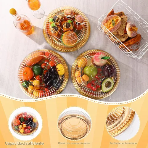 Vista 4 de Nitial 12 Piezas Bandejas de Servicio Resistentes con Tapa Transparente, Bandejas Redondas Elegantes Doradas para Catering Desechables Platos
