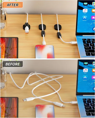 Vista 4 de Paquete de 6 soportes organizadores de cables Puretor – Fuerte adhesivo y gestión de cables de escritorio magnéticos, organiza sin esfuerzo cables