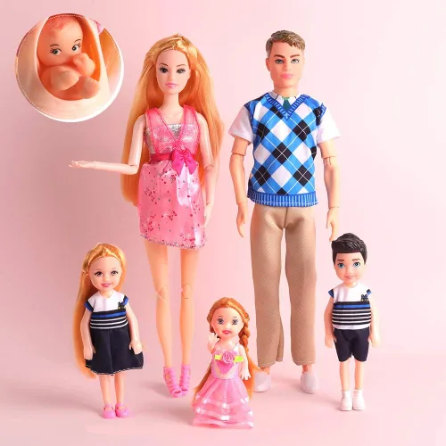 Vista 2 de UCanaan Juego de 6 muñecas familiares con papá, mamá embarazada, 3 niños y bebé en la barriga de mamá y 70 accesorios para educación y regalo