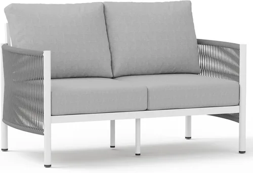 Vista 35 de Sofá de dos plazas de aluminio para patio exterior, sofá de patio de cuerda HDPE con cojín grueso lavable, muebles de patio para todo tipo de clima