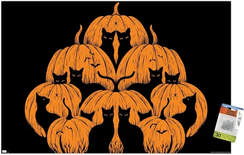 Vista 7 de Trends International Episodic Drawing - Pumpkin Cat Wall Poster, 14.72" x 22.37", Premium Poster & Push Pin Bundle