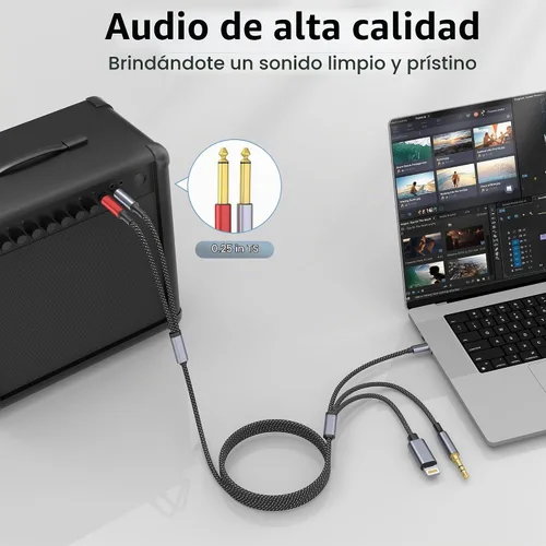 Vista 5 de [Usado] USB C 0.138 in y Lightning a Dual 0.250 in 1/4" TS Mono Stereo Y-Cable, 3 en 1 Dual 1/4 pulgadas Cable de audio compatible