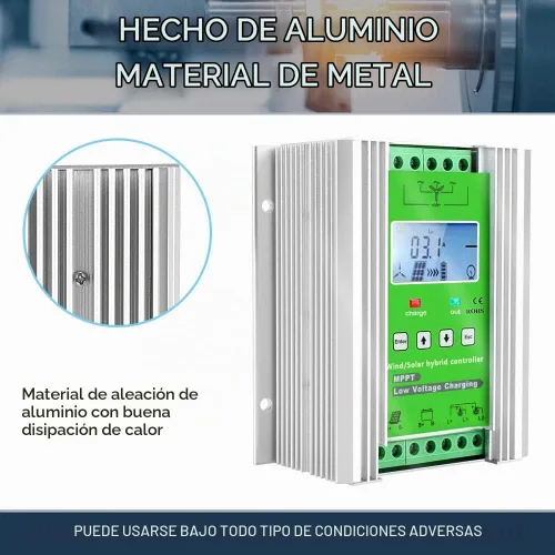 Vista 4 de Controlador de carga híbrido solar eólico de 1000 W, regulador de carga MPPT de 12 V/24 V, regulador de carga con pantalla LCD y carga de descarga