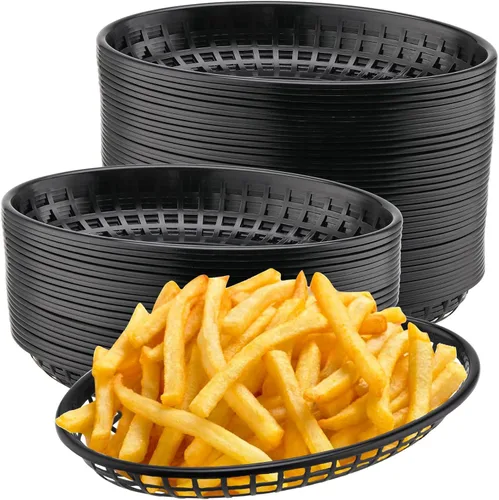 Vista 9 de Paquete de 40 cestas de plástico negro de 8.9 x 5.7 x 1.6 pulgadas, cestas para servir restaurantes, bandeja ovalada de comida rápida para picnic