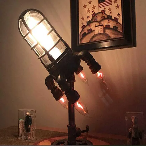 Vista 5 de Lámpara de cohete Steampunk de simulación de resina ABS creativa, luces de escritorio retro luz nocturna, lámpara de mesa pequeña con llama