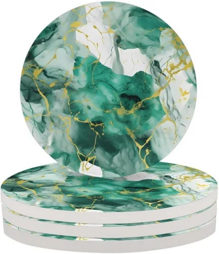 Vista 13 de Abstract Green and Gold Marble Ceramic Coaster Set of 4