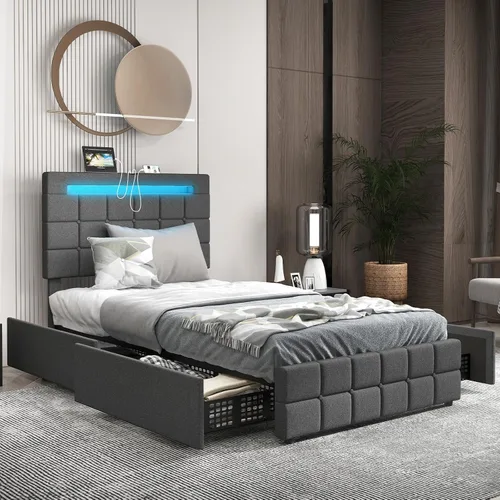 Vista 3 de KOMFOTT Base de cama individual con estación de carga y luces LED, base de cama de plataforma tapizada con cabecera ajustable y 4 cajones