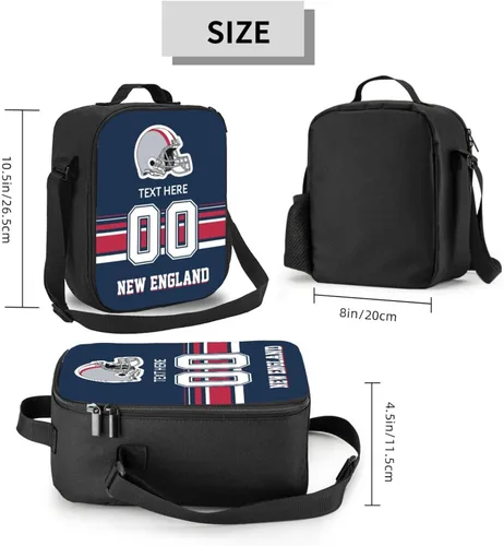 Vista 2 de Bolsa de almuerzo personalizada de Nueva Inglaterra, regalos para hombres, mujeres, fanáticos, con nombre y número personalizados, correas de hombro
