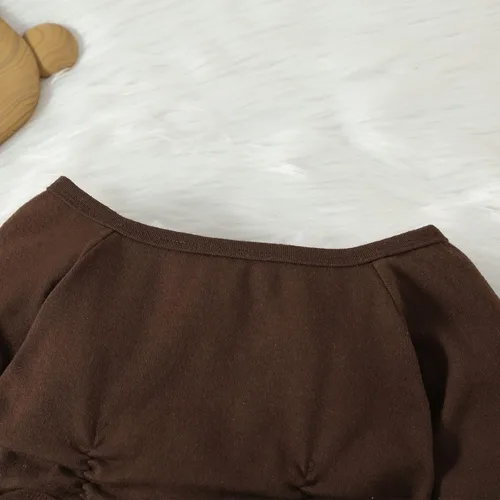 Vista 8 de Conjunto de 2 piezas de ropa de otoño e invierno, camiseta de manga larga abombada, pantalones largos rectos, ropa de moda para bebé