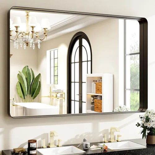 Vista 21 de Espejo de baño negro de 30"x22" - Espejo moderno para pared con esquinas redondeadas, espejos de baño para tocador, espejo enmarcado de aleación