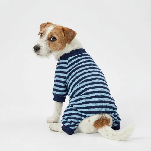 Vista 2 de Fitwarm Pijamas para Perro a Rayas Azules y Blancas, Ropa para Perros Pequeños Hembra y Macho, Mameluco para Cachorro con Pies, Atuendo para Gato