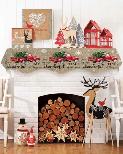 Vista 10 de Daleng Bufanda de repisa de camión de Navidad con muñeco de nieve para chimenea, 60 x 17 pulgadas, árbol de Navidad, copos de nieve, ciervos, verde