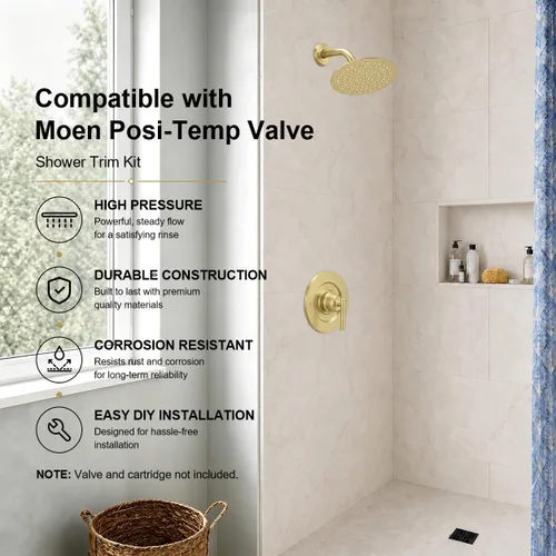 Vista 2 de Compatible con el kit de molduras de ducha de válvula Posi-Temp de Moen, repuesto para grifo de ducha de válvulas 2510, 2520, 2570, 2590, oro Oro