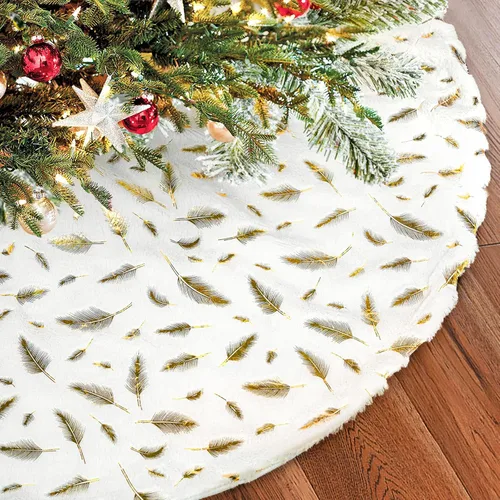 Vista 9 de NIBESSER Falda blanca para árbol de Navidad, falda de árbol de piel sintética de 48 pulgadas, alfombra de árbol de lentejuelas con plumas doradas