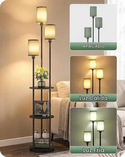 Vista 2 de Lámpara de pie con estantes, moderna lámpara de pie con 3 pantallas de lino e interruptor de pie, lámpara de pie de 3 luces, para sala de estar