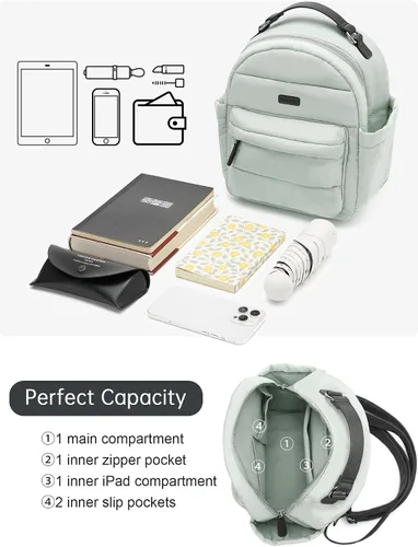 Vista 5 de Vividora Mini mochila acolchada para mujer, pequeña mochila acolchada de nailon ligero para viajes diarios, Gris Verde
