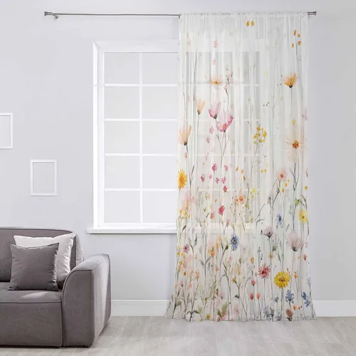 Vista 3 de Cortinas traslúcidas con estampado de flores botánicas de 45 pulgadas de largo, panel de cortina de gasa con estampado de acuarela y flores