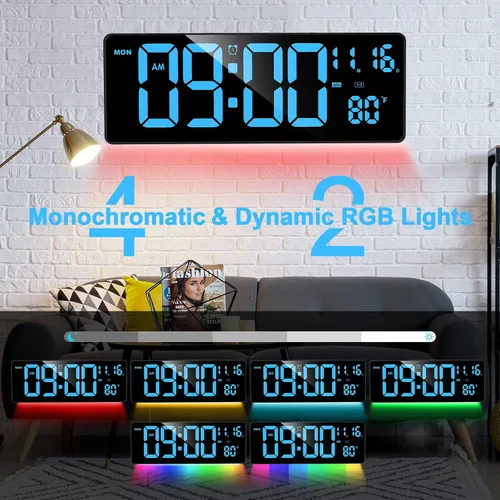 Vista 2 de XREXS Reloj de pared digital con pantalla grande, reloj de pared LED de 16.5 pulgadas con 6 luces nocturnas que cambian de color, DST automático
