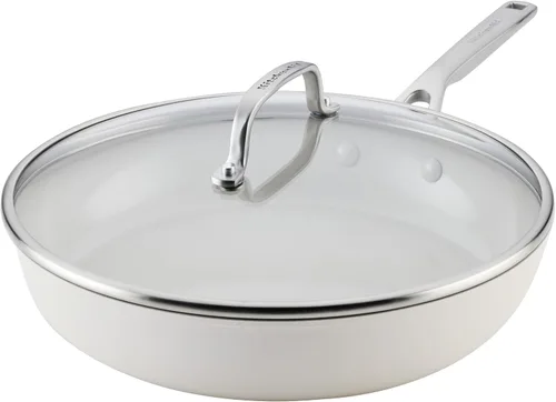 Vista 14 de Sartén para saltear y freír de cerámica anodizada dura con inducción antiadherente de KitchenAid, apta para lavavajillas, sartén antiadherente de 10